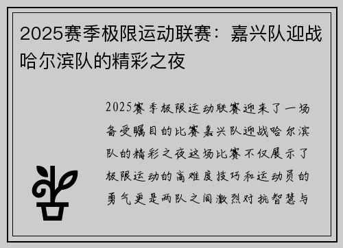 2025赛季极限运动联赛：嘉兴队迎战哈尔滨队的精彩之夜
